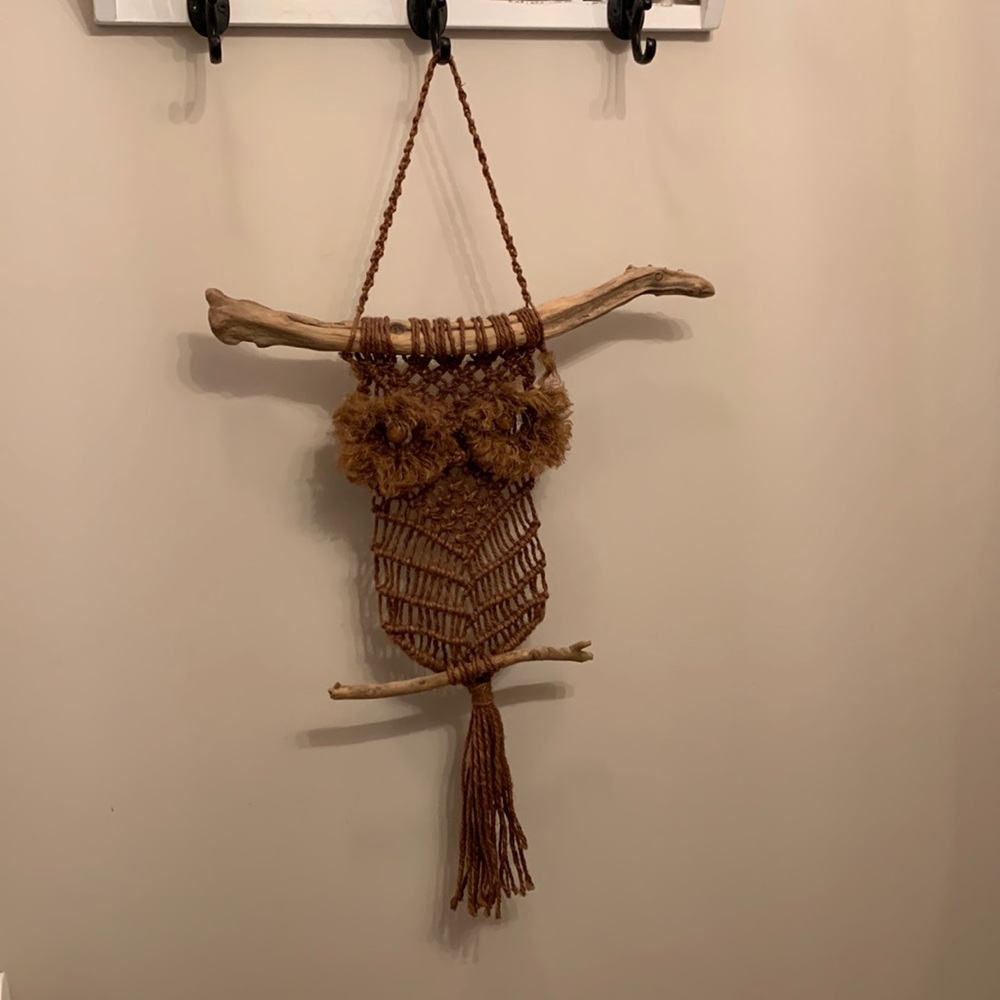 Large Handmade Vintage Groovy 70’s Macrame Brown Owl on Driftwood Bead Eyes